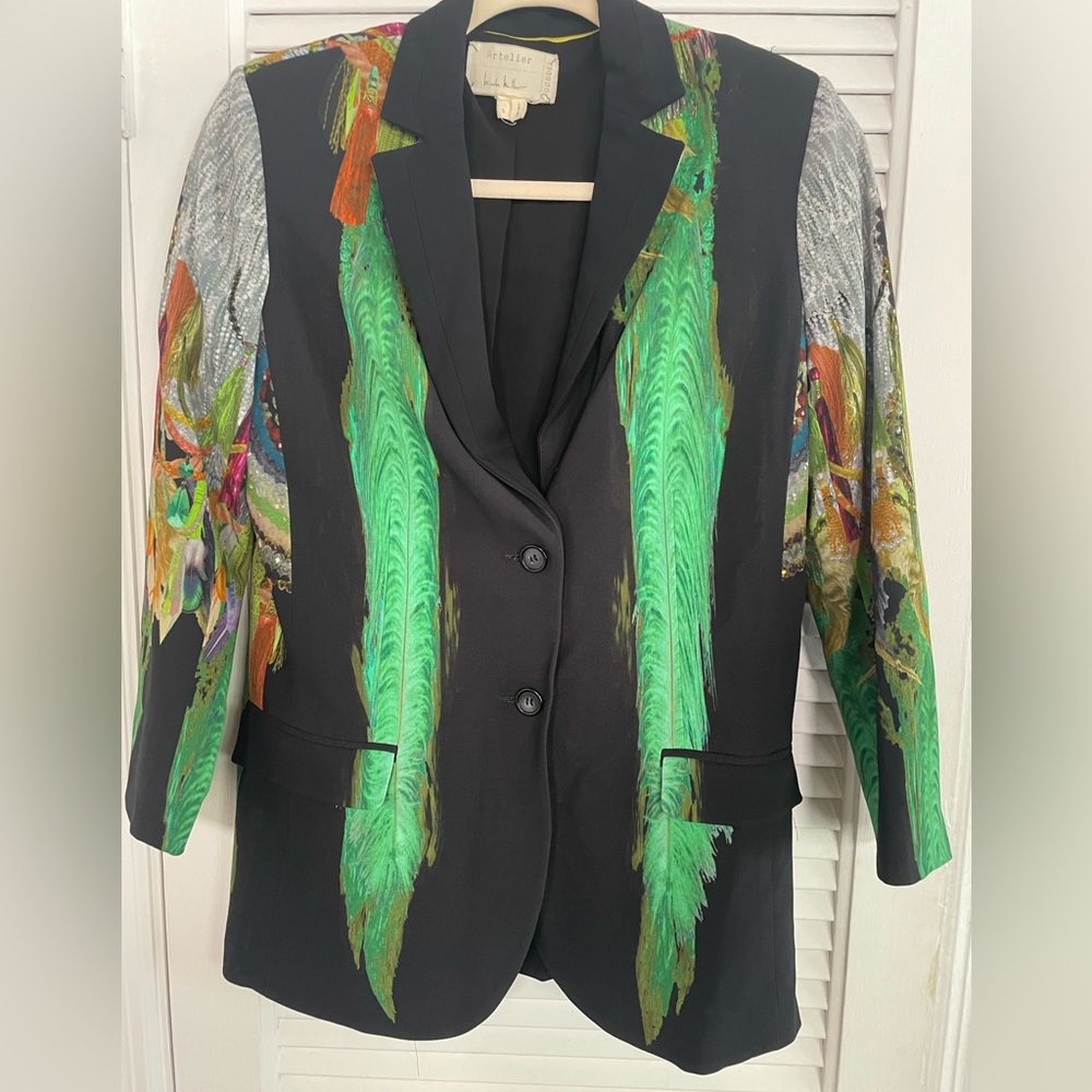 SILK Nicole Miller Artelier Blazer- Black Printed w/Green,Gray,Pink- Sz S Small